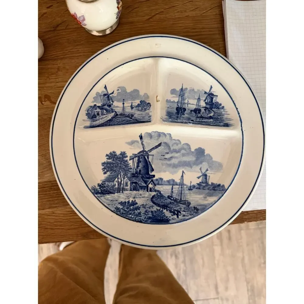 Vintage German Porcelain Divided Dinner Plate Windmills & Boats White Blue